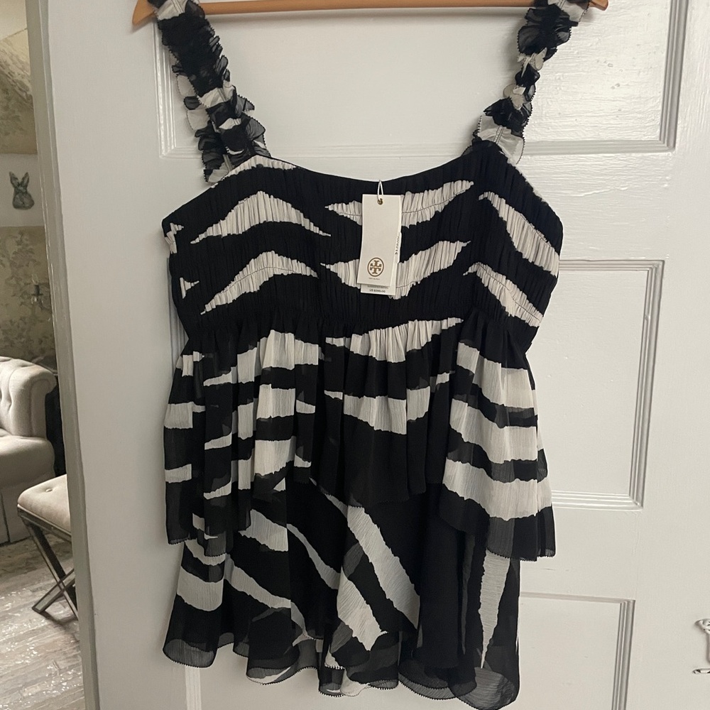 Black and White Zebra Print Women's Top Tory Burch 12 Lucea Tank  L Xl nwt